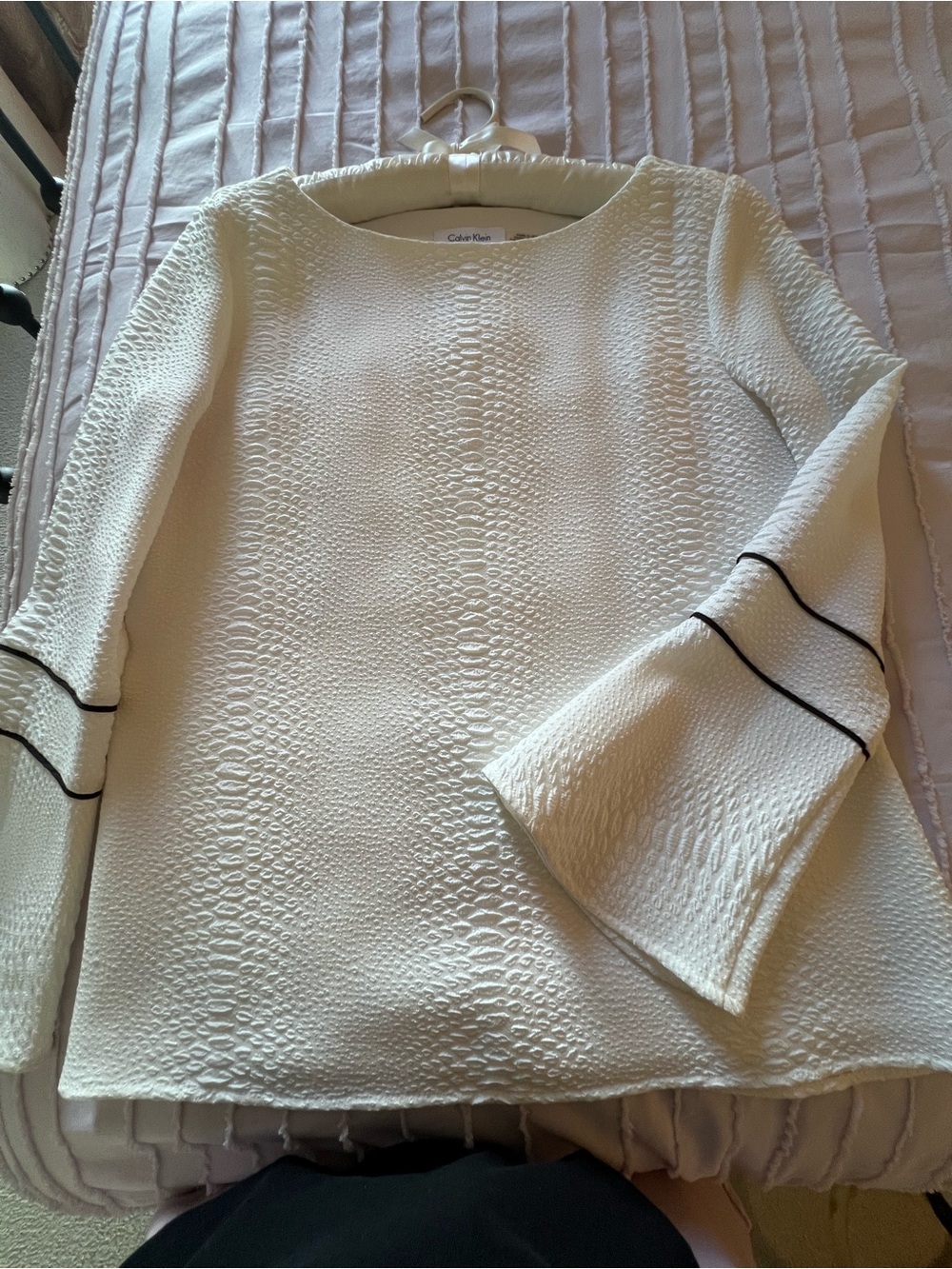 Calvin Klein Soft White Textured Bell-Sleeve Top with Black Trim